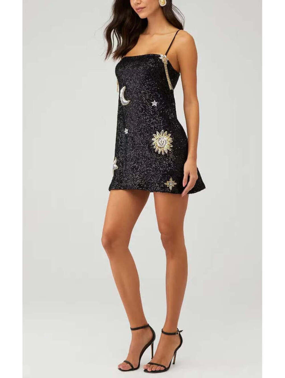 EastnWest Black Sequin Star Moon Celestial Mini Dress Size M Pre-Loved